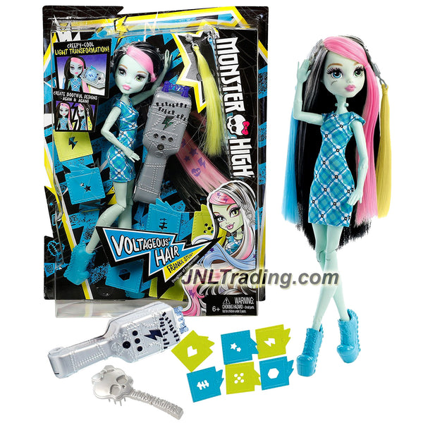 Mattel Year 2015 Monster High 11 Inch Doll - VOLTAGEOUS HAIR FRANKIE STEIN  with Electronic Hair Tool, Stencils, Yellow & Blue Extensions and Brush