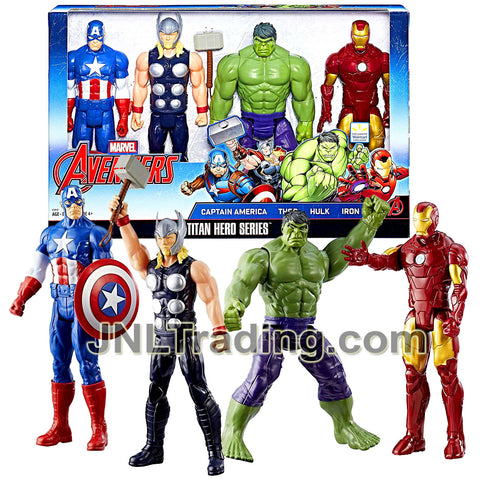 Year 2017 Marvel Avengers Titan Hero Series 4 Pack 12 Inch Tall Figure Set - Captain America, Thor with Hammer, Hulk and Iron Man