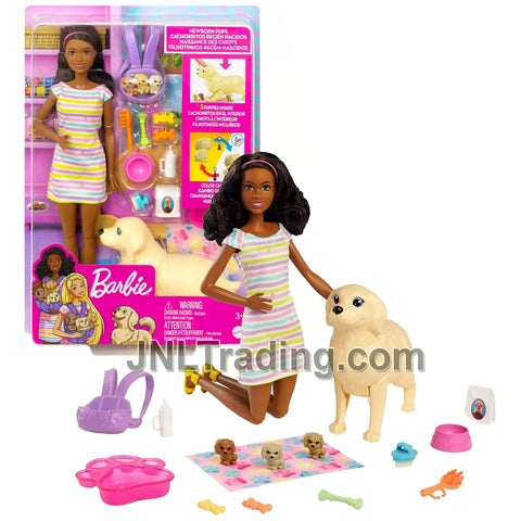 Year 2023 Barbie NEWBORN PUP Series Doll Set HCK76 with African American Model BROOKLYN, Dog with  3 Puppies, Blanket, Feeding Bowl and Accessories