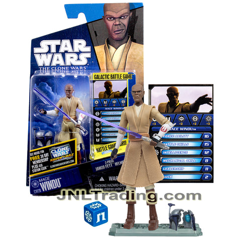 Year 2010 Star Wars Galactic Battle Game The Clone Wars 4 Inch Figure - MACE WINDU CW20 with Lightsaber, Jango's Broken Helmet, Card, Die and Base