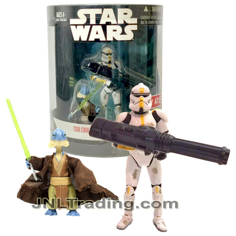 Year 2007 Star Wars Order 66 Exclusive 2 Pack 4 Inch Figure Set #3 - TSUI CHOI with Green Lightsaber and Jedi Robe Plus BARC TROOPER with Gattling Gun