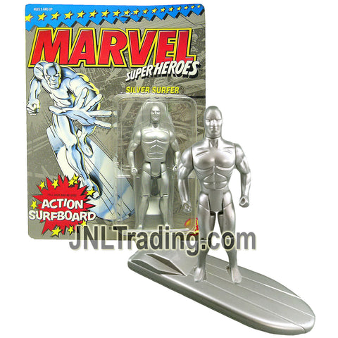 Year 1992 Marvel Super Heroes Cosmic Defenders Series 5 Inch Figure - SILVER SURFER with Free-Wheeling Surfboard