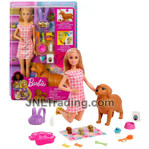 Year 2023 NEWBORN PUP Series Doll Set HCK75 with Caucasian Model BARBIE, Dog with  3 Puppies, Blanket, Feeding Bowl and Accessories