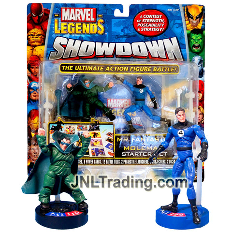 Year 2006 Marvel Legends Showdown Figure Set : MR FANTASTIC (Black Collar) vs MOLEMAN with Bases, Power Cards, Tiles, Missile Launchers and Dices