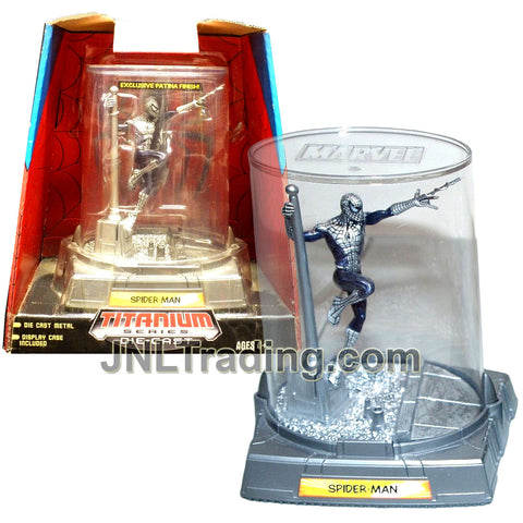 Year 2006 Marvel Heroes Titanium Die-Cast Series 4 Inch Figure : SPIDER-MAN Hanging At The Pole (Patina Finish) with Display Case