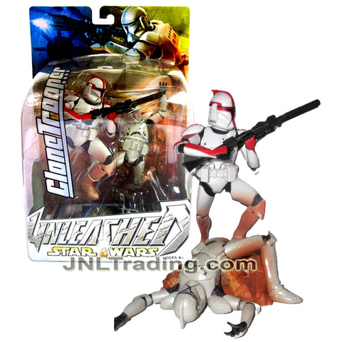 Year 2003 Star Wars Unleashed Series 7 Inch Figure : Variant Red-Striped CLONE TROOPER with Blaster Rifle and Display Base