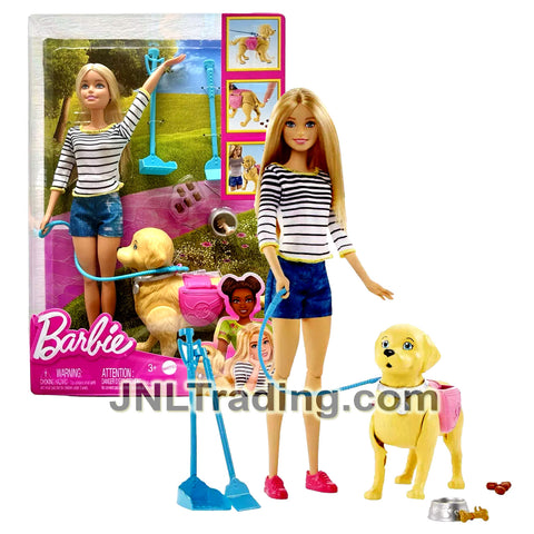 Year 2024 Barbie Walk & Potty Pup Series Doll Set DWJ68 with BARBIE, Golden Retriever Puppy, Broom, Scooper and Feeding Bowl