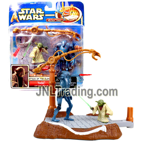 Year 2002 Star Wars Attack of the Clones Figure Set - YODA with Force Powers, Lightsaber, Super Battle Droid and Display Base with Force Push Action