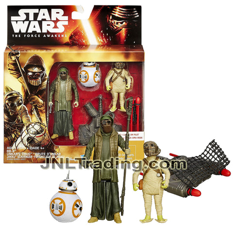 Year 2015 Star Wars The Force Awakens 3 Pack 4 Inch Tall Figure Set : BB-8, UNKAR'S THUG & JAKKU SCAVENGER with Net Launcher, Spear and Blaster