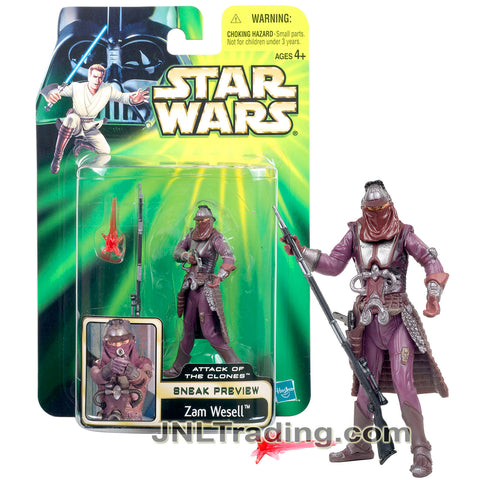 Year 2001 Star Wars Attack of the Clones Series 4 Inch Tall Figure - Bounty Hunter ZAM WESELL with Blaster Rifle and Pistol