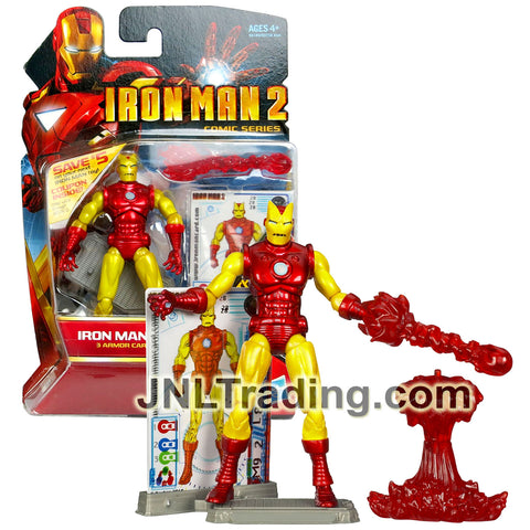 Year 2010 Marvel IronMan 2 Comic 4 Inch Figure #28 - Classic Armor IRON MAN with Red Repulsor Blast, Blast-Off Base, Display Stand and Armor Cards