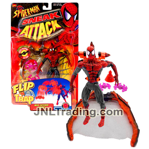 Year 1998 Marvel Comics Spider-Man Sneak Attack Flip 'N Trap 6 Inch Figure - WEB CATCHER SPIDEY (Red/Black) with Webnet Catcher and Spider