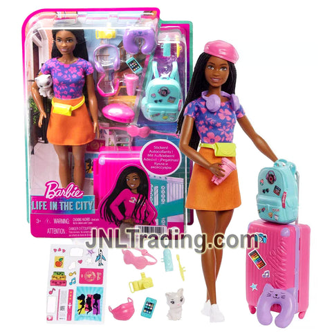 Year 2021 Barbie Life in the City Travel 12 Inch Doll Set HGX55 with African American Model Brooklyn, Kitten, Rolling Suitcase, Headphones and Pillow