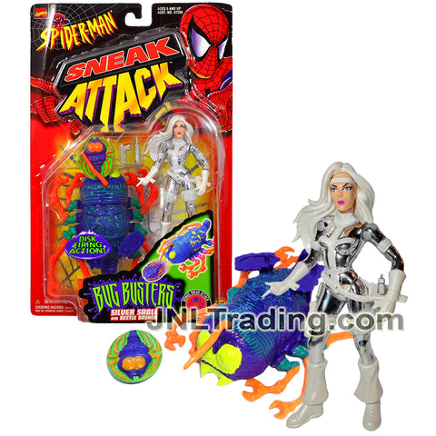 Year 1998 Marvel Comics Spider-Man Sneak Attack Bug Busters 5 Inch Figure - SILVER SABLE with Gun, Knife, Beetle Basher and Sticker