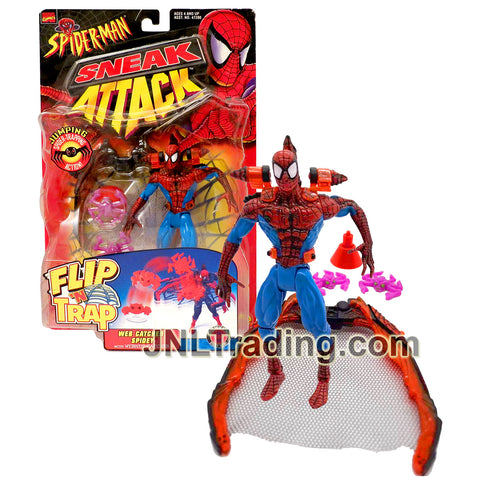 Year 1998 Marvel Comics Spider-Man Sneak Attack Flip 'N Trap 6 Inch Figure - WEB CATCHER SPIDEY (Red/Blue) with Webnet Catcher and Spider