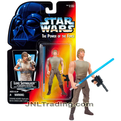 Year 1995 Star Wars The Power of the Force Series 4 Inch Tall Figure - LUKE SKYWALKER in Dagobah Fatigue with Lightsaber and Blaster Pistol