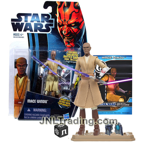 Year 2012 Star Wars The Clone Wars Series 4 Inch Figure - MACE WINDU CW8 with Lightsaber, Jango Fett's Broken Helmet, Card, Die and Display Base