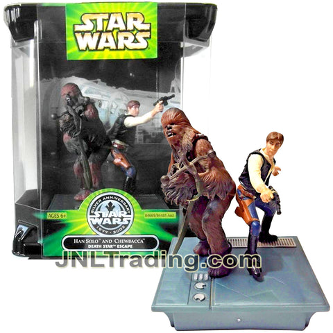 Year 2002 Star Wars Silver Anniversary 2 Pack 4 Inch Figure Set - Death Star Escape HAN SOLO with Blaster and CHEWBACCA with Bowcaster Plus Base