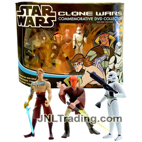 Year 2005 Star Wars Clone Wars Animated Commemorative Figure Set - ANAKIN SKYWALKER, SAESEE TIIN and CLONE TROOPER with Lightsabers, Blaster and Bases