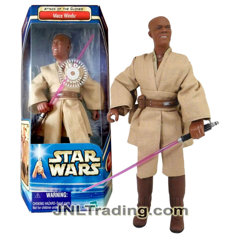 Year 2002 Star Wars Attack of the Clones Series 12 Inch Figure - Jedi Council MACE WINDU in Authentically Styled Jedi Robe with Lightsaber