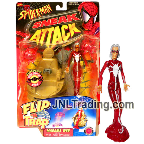 Year 1998 Marvel Comics Spider-Man Sneak Attack Flip 'N Trap 6 Inch Figure - MADAME WEB with Tech-Web Catcher Chair, Jumping Spider and Sticker