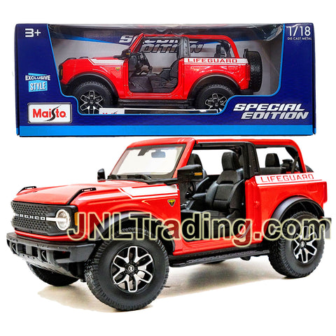 Maisto Special Edition Series 1:18 Scale Die Cast Car Set - Red Sport Utility Vehicle Lifeguard SUV 2021 FORD BRONCO BADLANDS