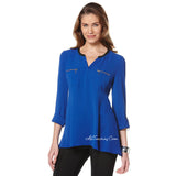 RAFAELLA Women's Top Zip Pocket Roll-up Sleeve Sharkbite Blouse/Tunic