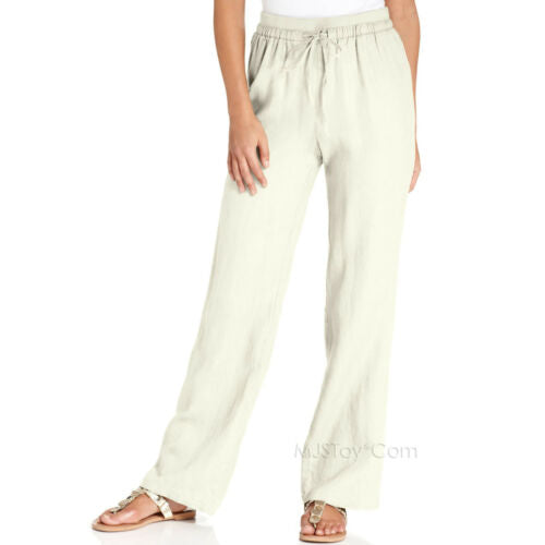 NWT COMPANY Ellen Tracy Relax Drawstring 100% Linen Straight-Leg Pants ...